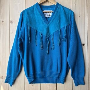 Vintage Pioneer Wear Fringe Sweater Teal Leather Suede Knit Pullover Womens XL
